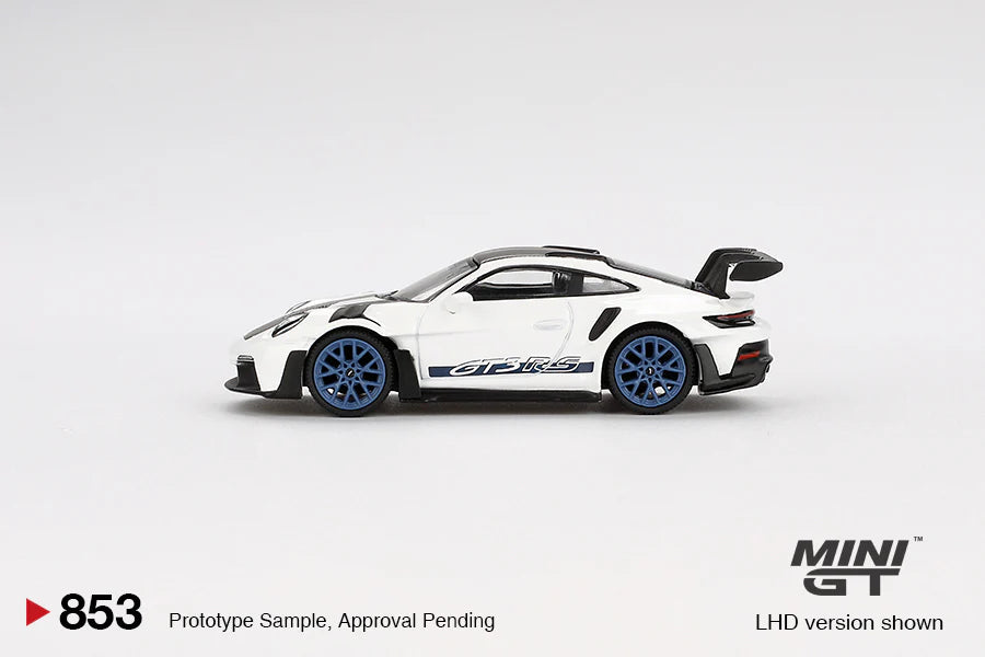PRE ORDER MiniGT 1:64 / Porsche 911 (992) GT3 RS Weissach Package – White with Indigo Blue