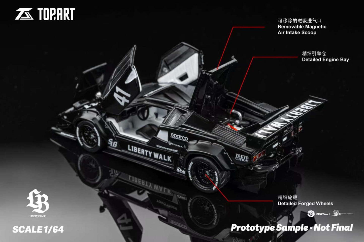 PRE ORDER TopArt 1:64 / Lamborghini Countach LBWK Negro Producto con licencia oficial de LibertyWalk